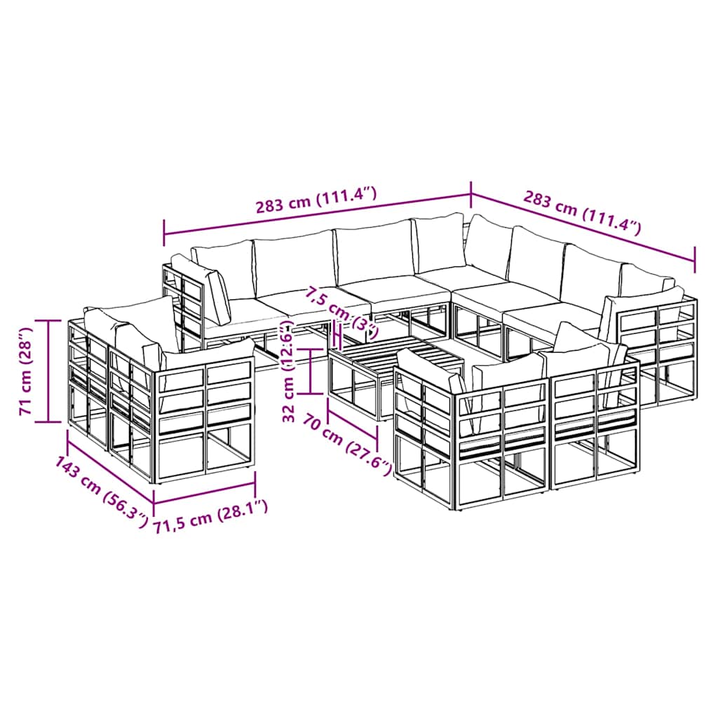 Gartensofa-set mit Kissen 12 pcs Schwarz Aluminium