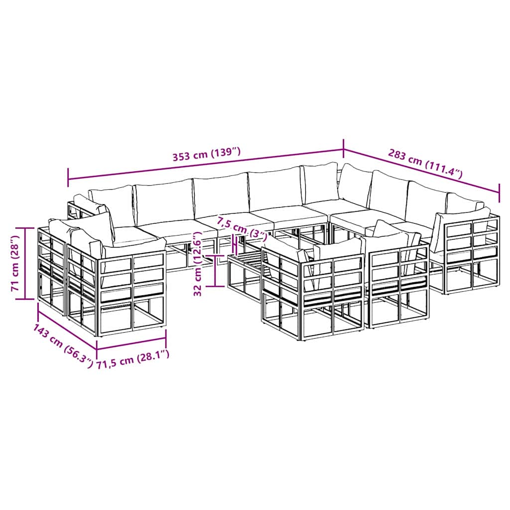 Gartensofa-set 13 stk. Schwarz Aluminium