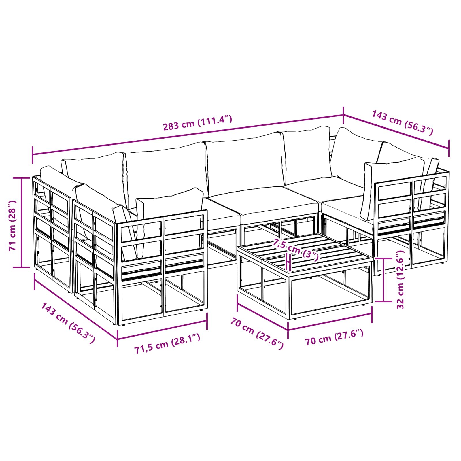 Gartensofa-set 7 stk. Schwarz Aluminium