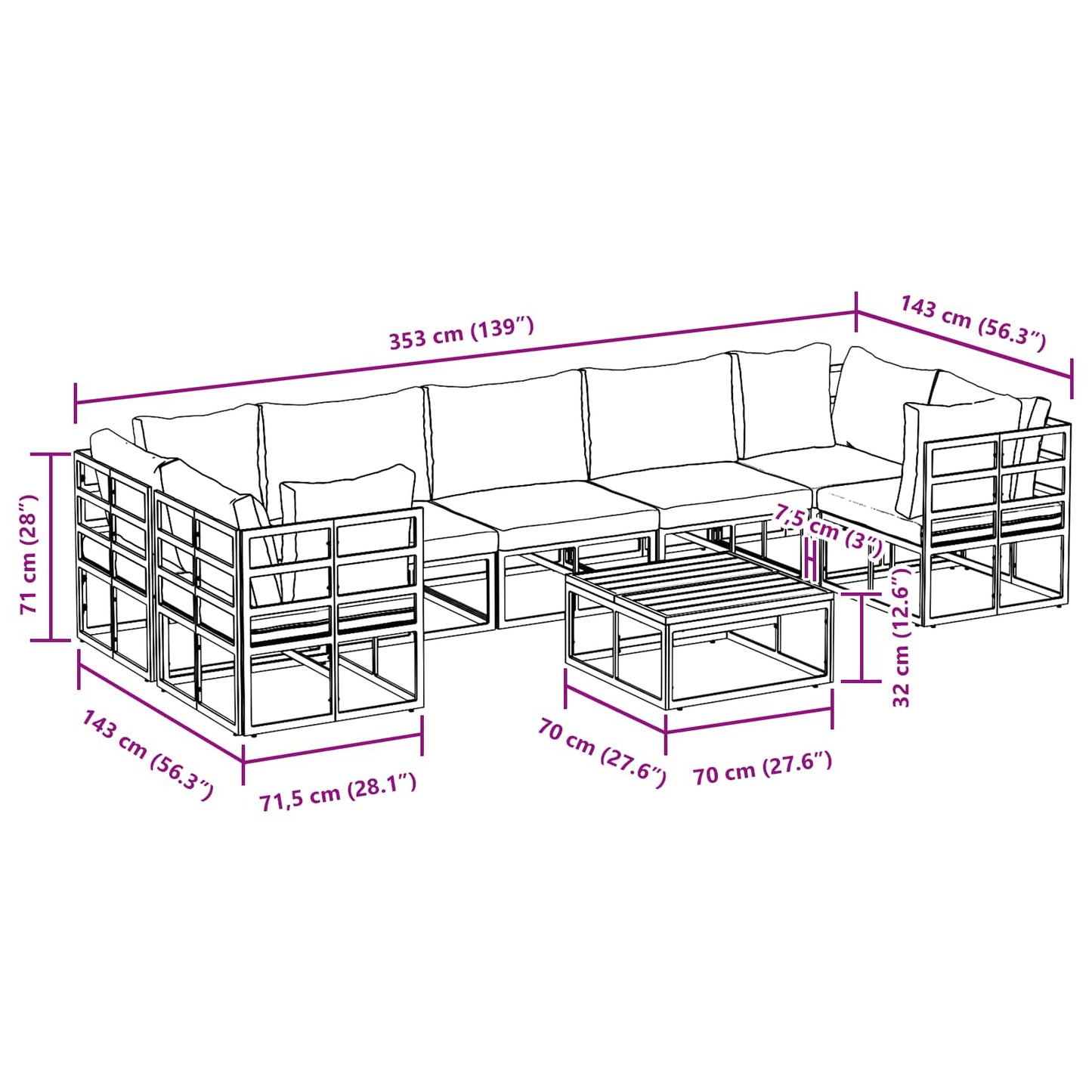 Gartensofa-set mit Kissen 8 pcs Schwarz Aluminium