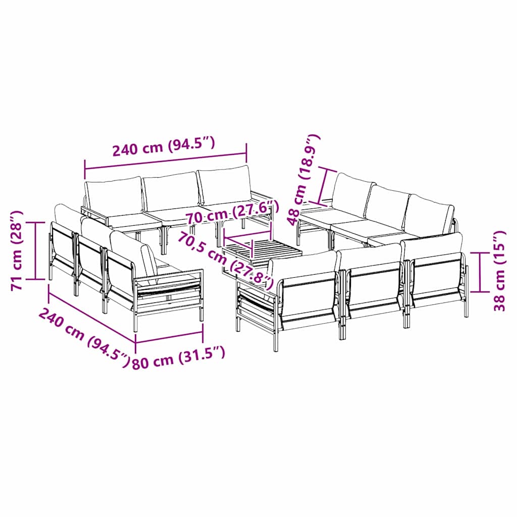 Gartensofa-set mit Kissen 13 pcs Schwarz Stahl