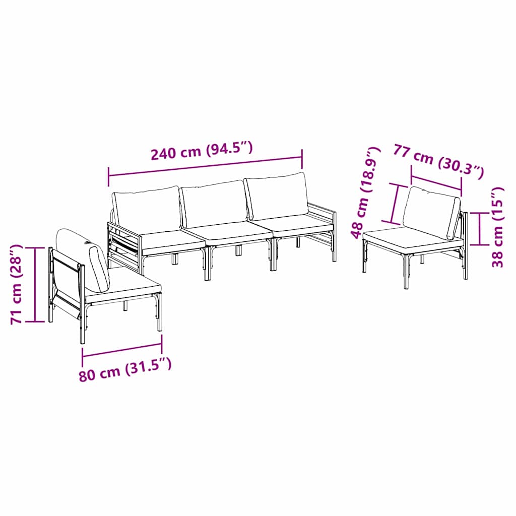 Gartensofa-set mit Kissen 5 pcs Schwarz Stahl