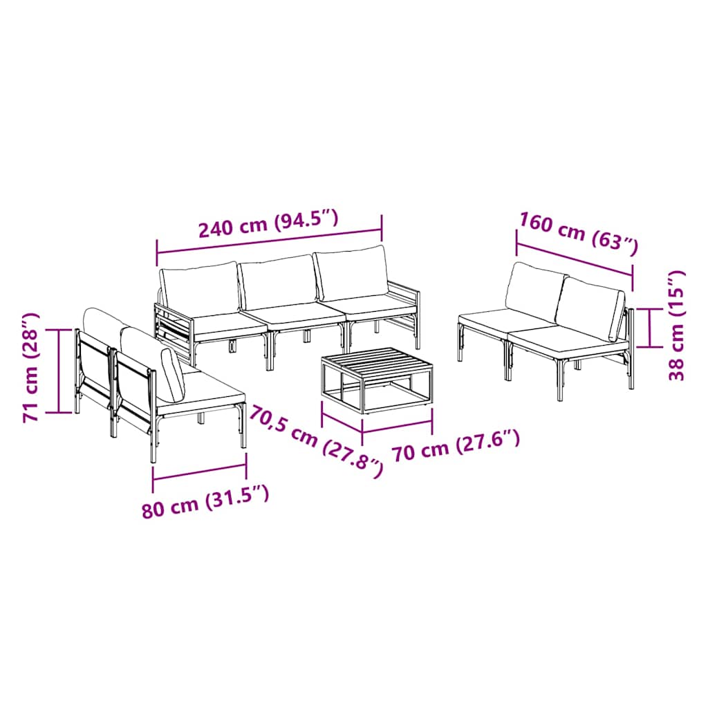 Gartensofa-set mit Kissen 8 pcs Schwarz Stahl