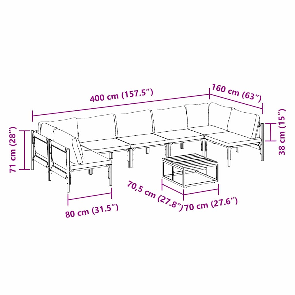 Gartensofa-set mit Kissen 8 pcs Schwarz Stahl