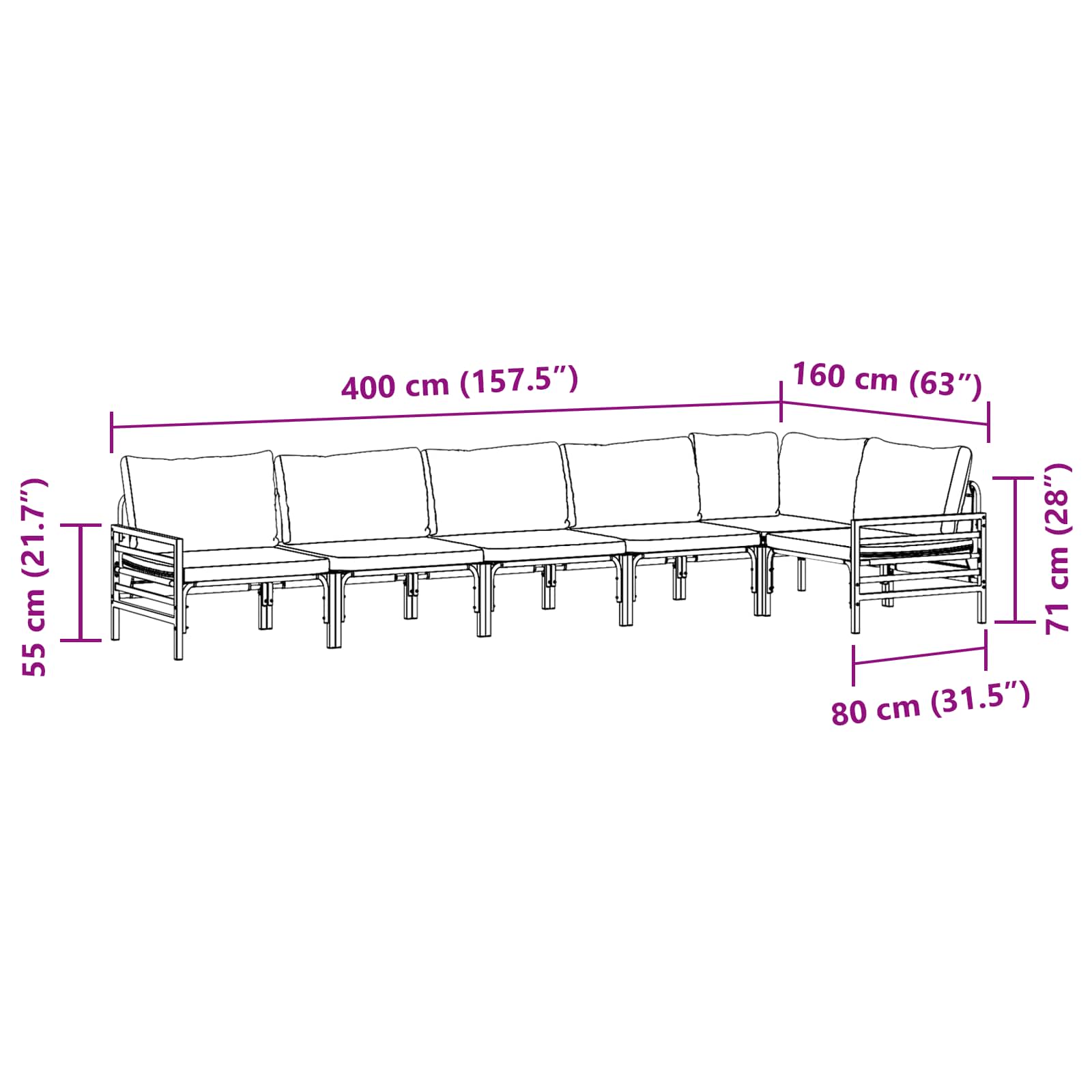 Gartensofa-set mit Kissen 6 pcs Schwarz Stahl