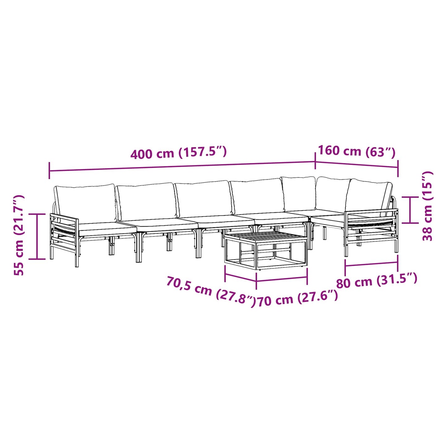 Gartensofa-set mit Kissen 7 pcs Schwarz Stahl