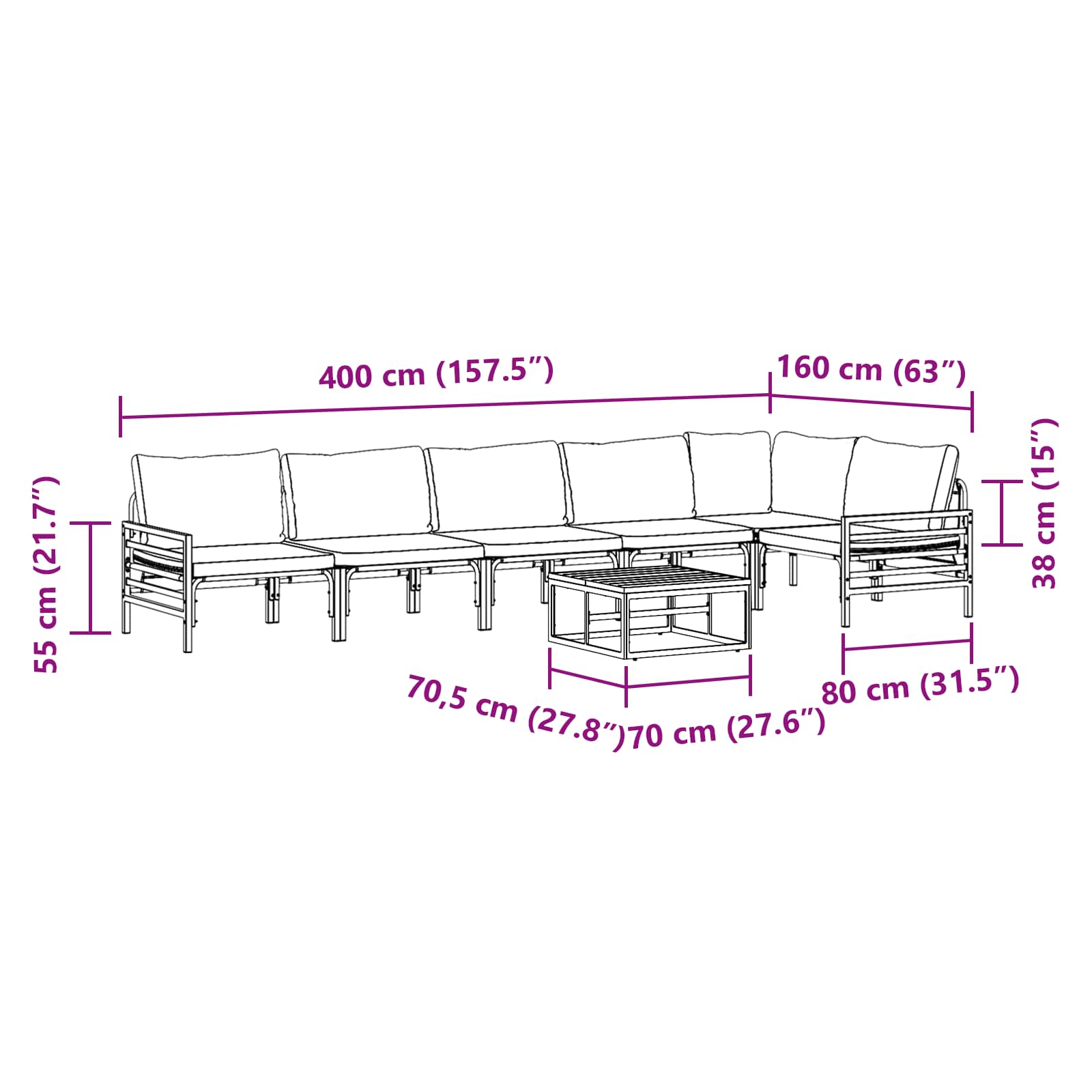 Gartensofa-set mit Kissen 7 pcs Schwarz Stahl