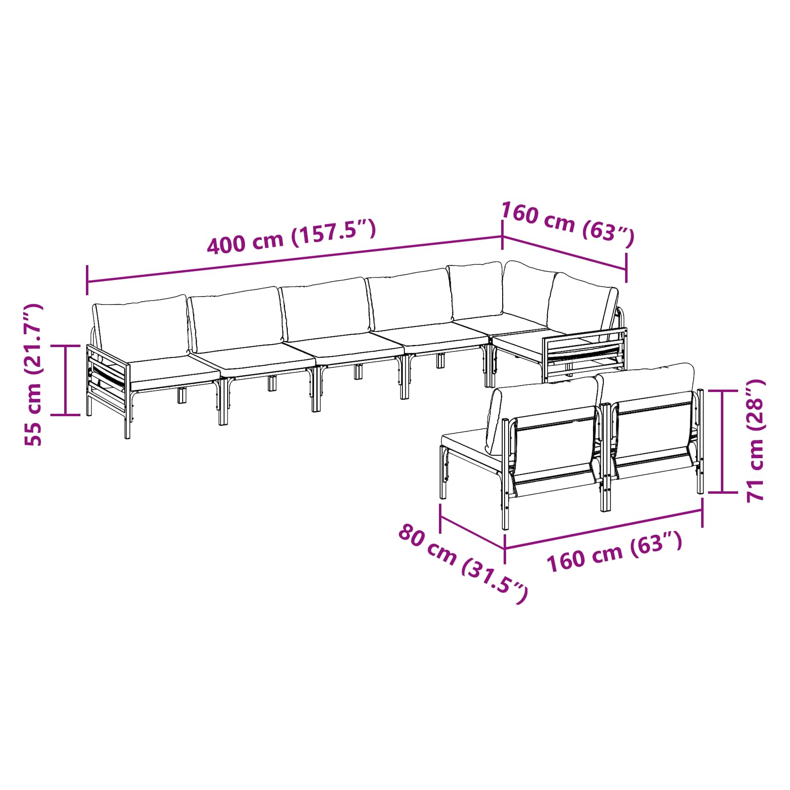 Gartensofa-set mit Kissen 8 pcs Schwarz Stahl