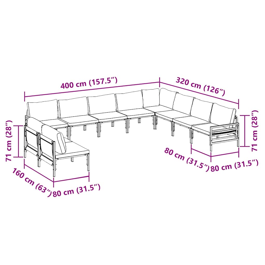 Gartensofa-set mit Kissen 10 pcs Schwarz Stahl