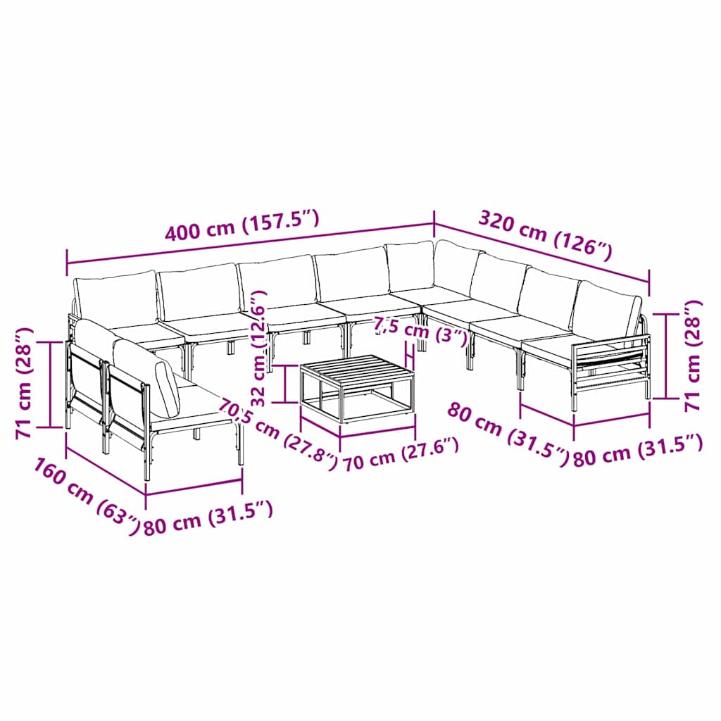 Gartensofa-set mit Kissen 11 pcs Schwarz Stahl