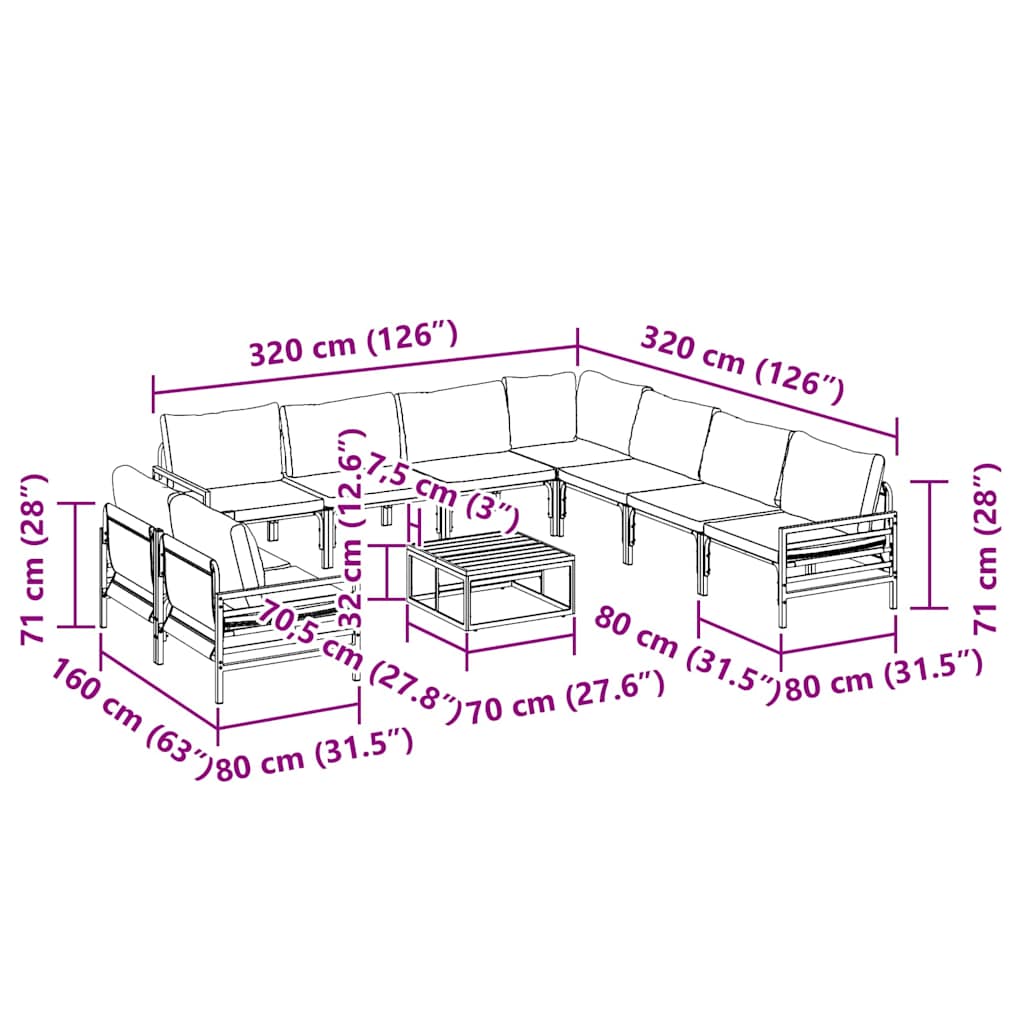 Gartensofa-set mit Kissen 10 pcs Schwarz Stahl