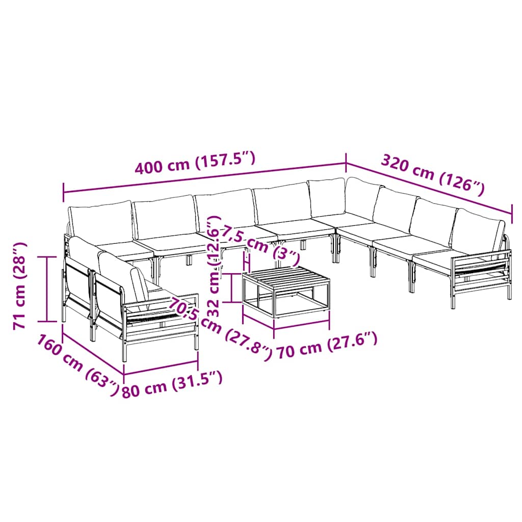 Gartensofa-set mit Kissen 11 pcs Schwarz Stahl