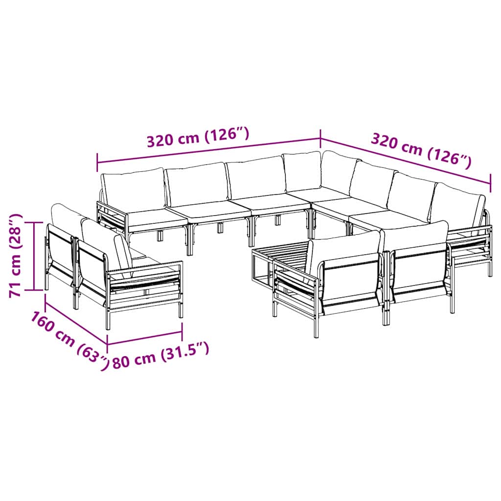 Gartensofa-set mit Kissen 12 pcs Schwarz Stahl
