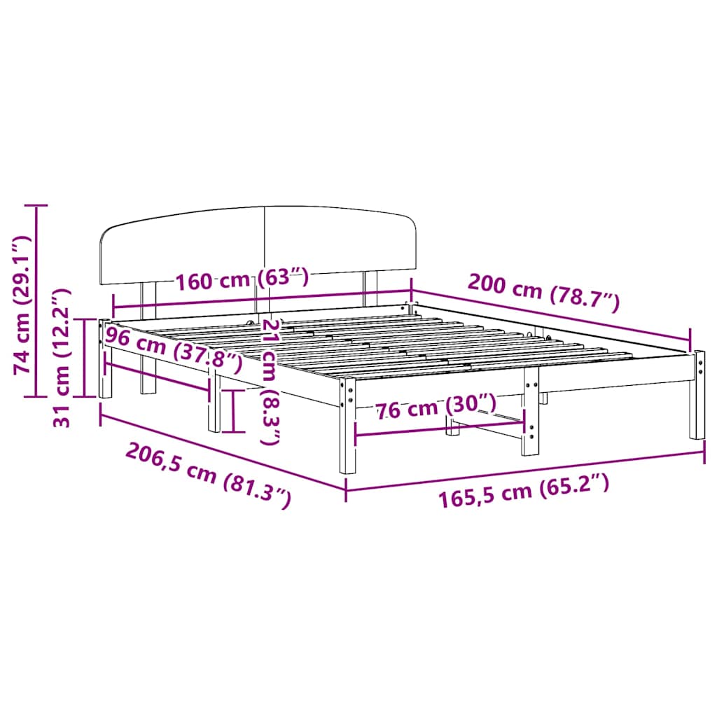 Bettrahmen mit Kopfteil Natur 160 x 200 cm Massives Kiefernholz