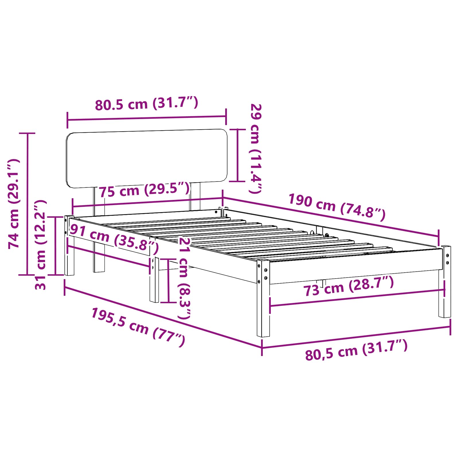 Bettrahmen mit Kopfteil Natur 75 x 190 cm Massives Kiefernholz