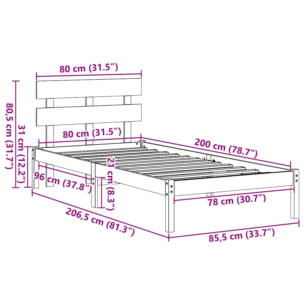 Bettgestell mit Kopfteil Braun 80 x 200 cm Massivholz Kiefer
