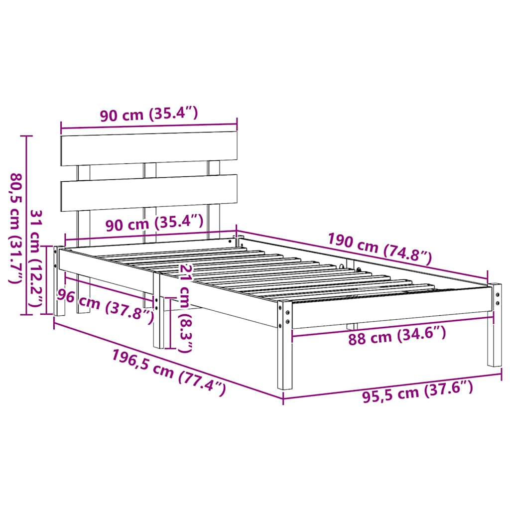 Bettgestell mit Kopfteil Weiß 90 x 190 cm Massivholz Kiefer