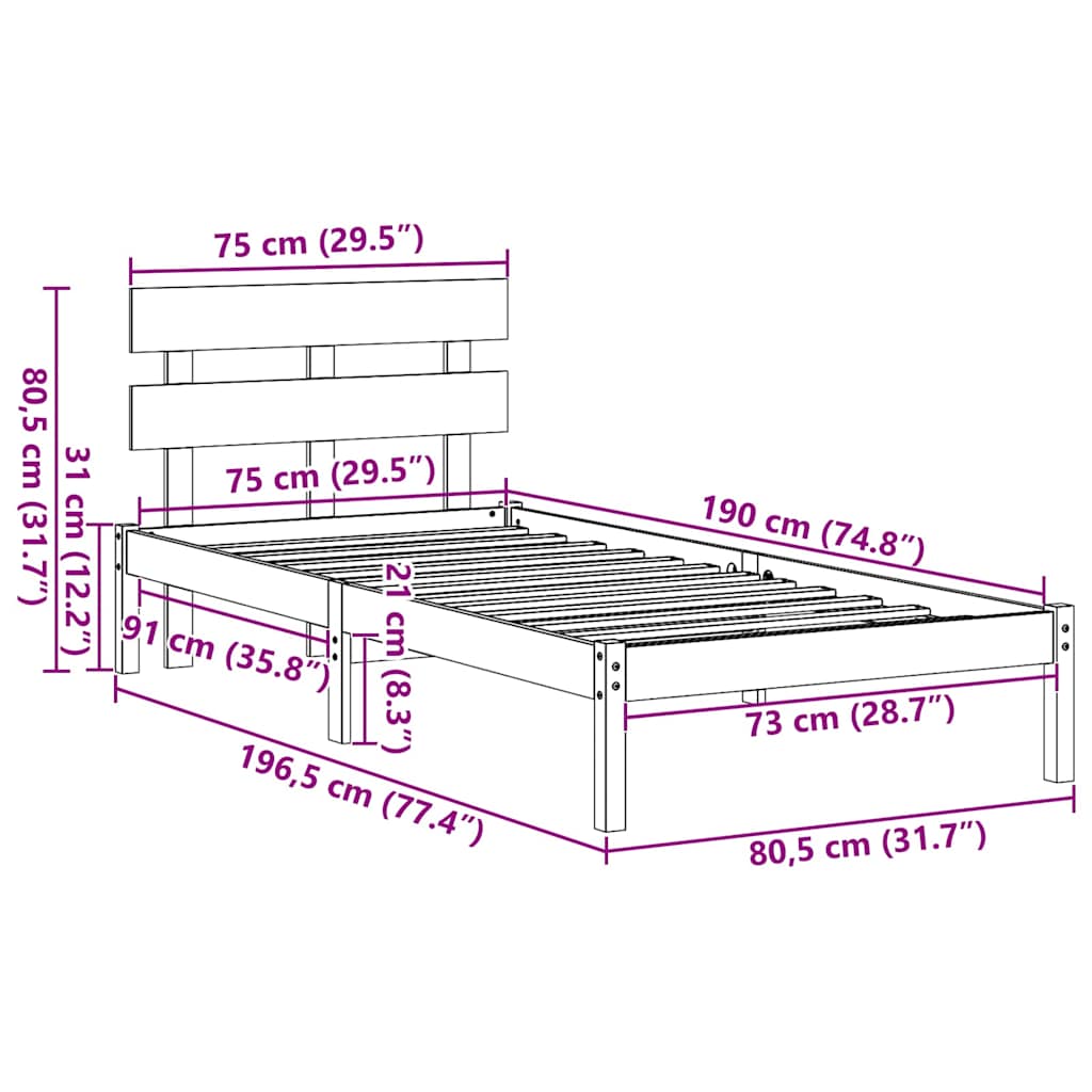 Bettgestell mit Kopfteil Weiß 75 x 190 cm Massivholz Kiefer