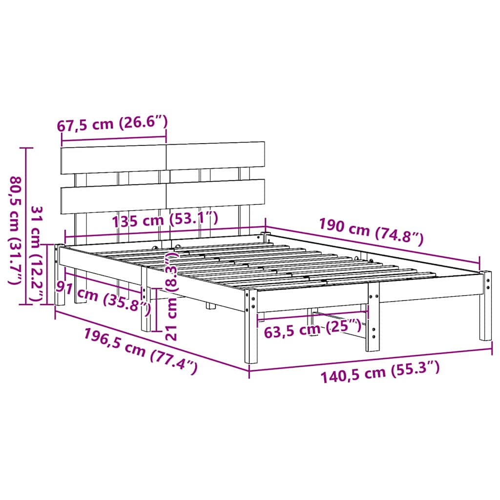 Bettgestell mit Kopfteil Braun 135 x 190 cm Massivholz Kiefer