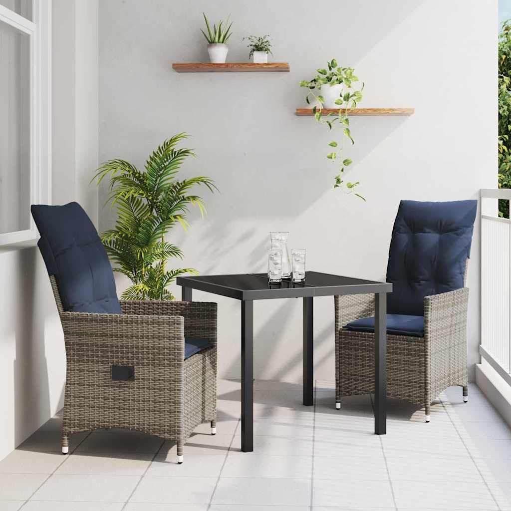 Tisch- und Stuhlset mit Kissen 3 pcs Grau PE-Rattan