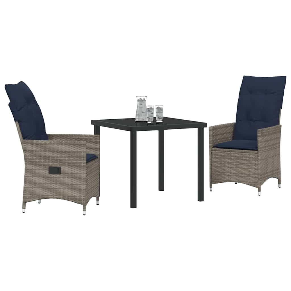 Tisch- und Stuhlset mit Kissen 3 pcs Grau PE-Rattan