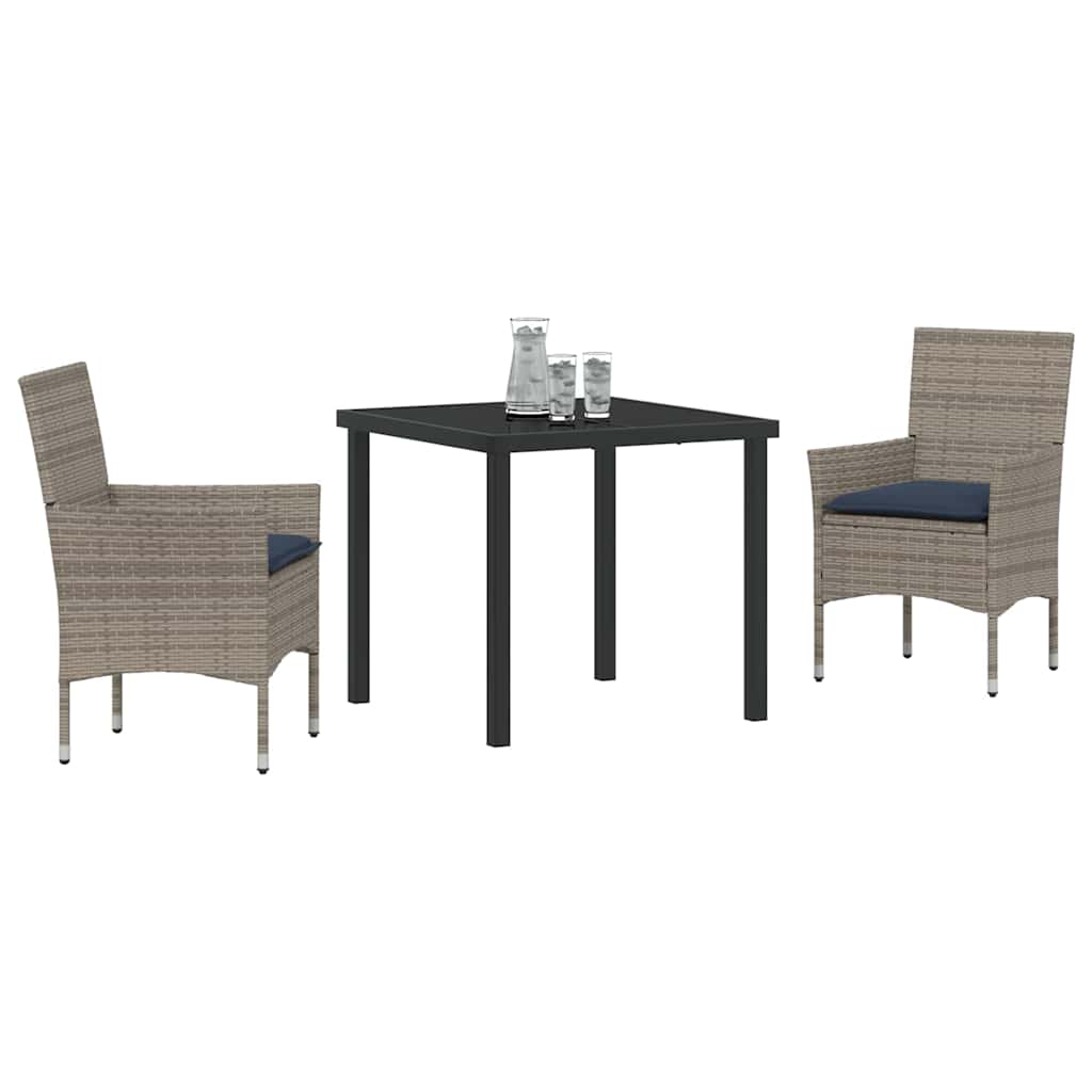 Tisch- und Stuhlset mit Kissen 3 pcs Grau PE-Rattan