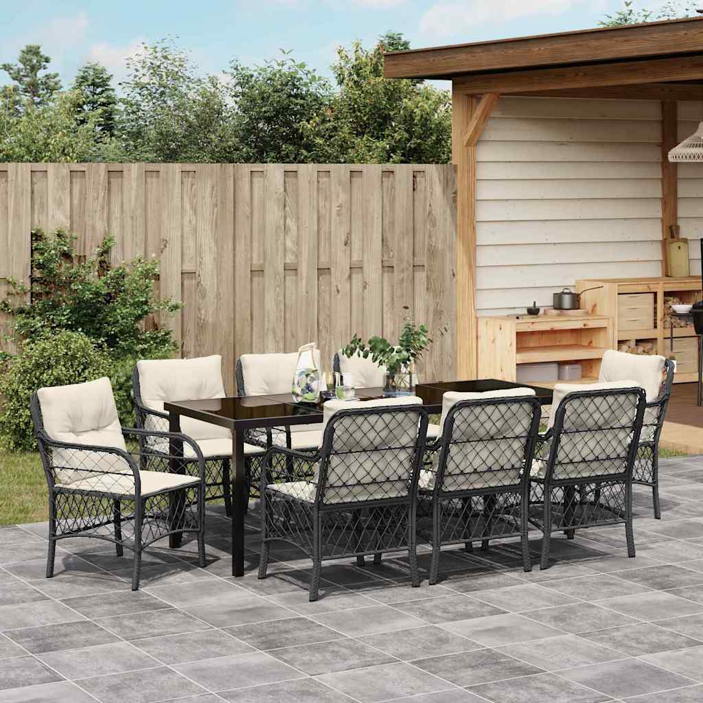 Garten Essgruppe mit Kissen 9 pcs Schwarz Poly-Rattan