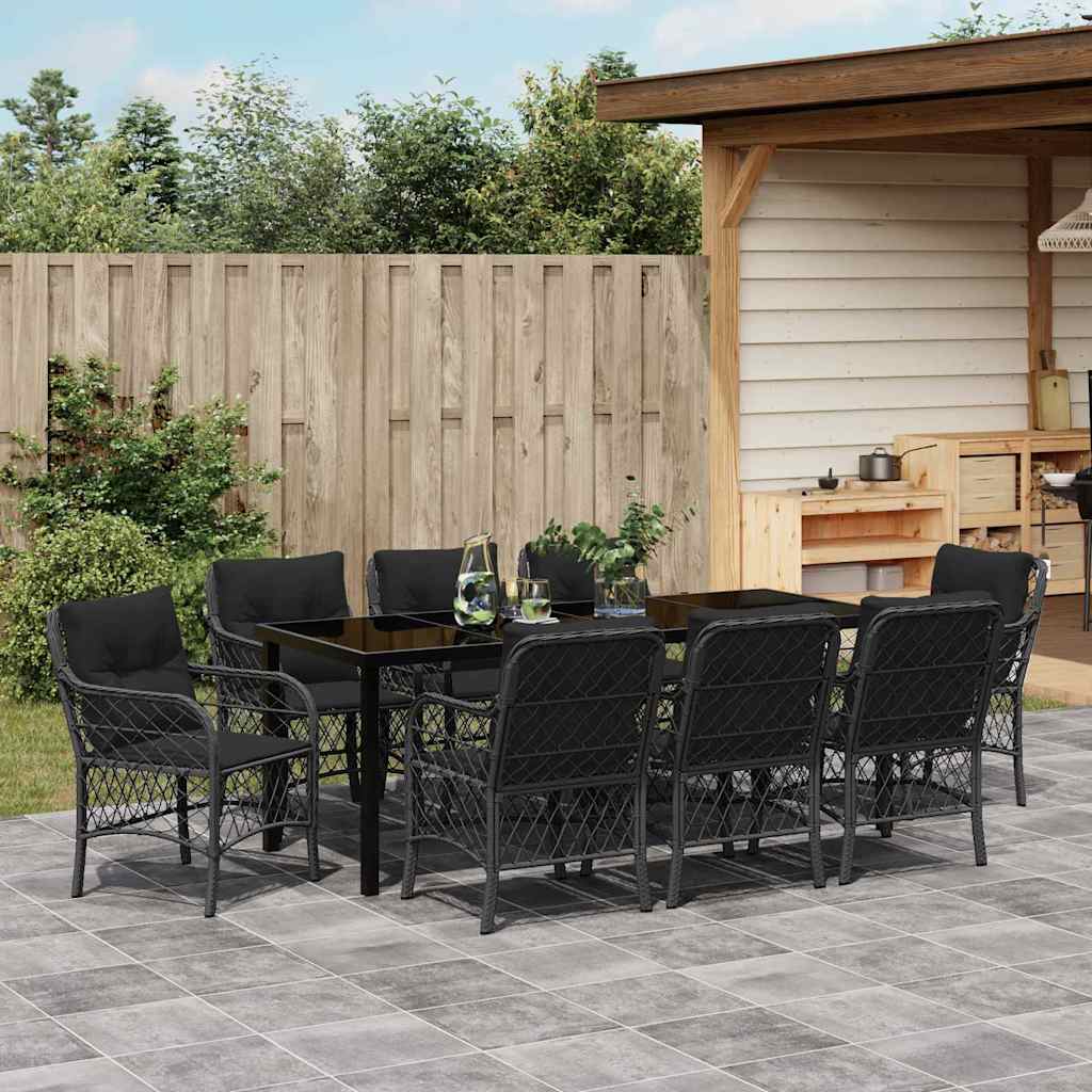 Garten Essgruppe mit Kissen 9 pcs Schwarz Poly-Rattan