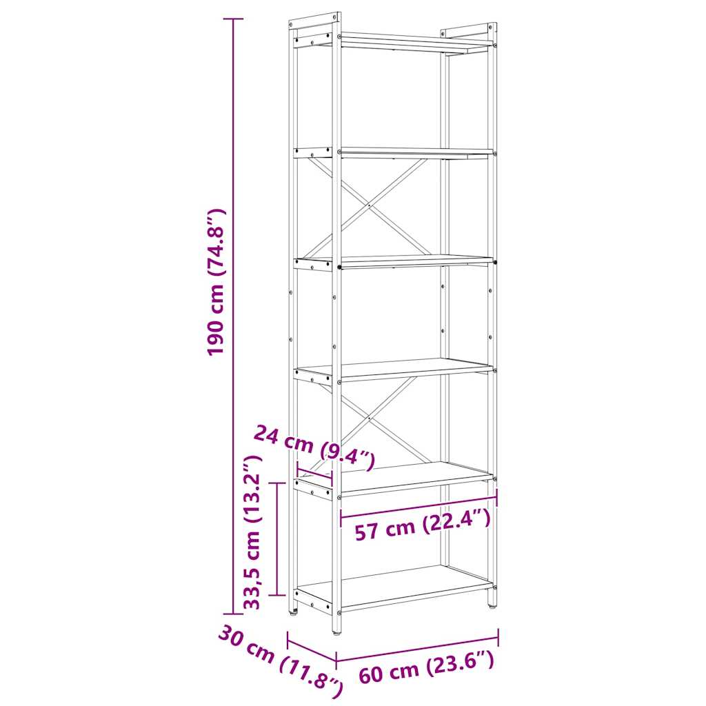 Bücherregal Schwarz Eichen-Optik 60 x 30 x 188 cm Holzwerkstoff