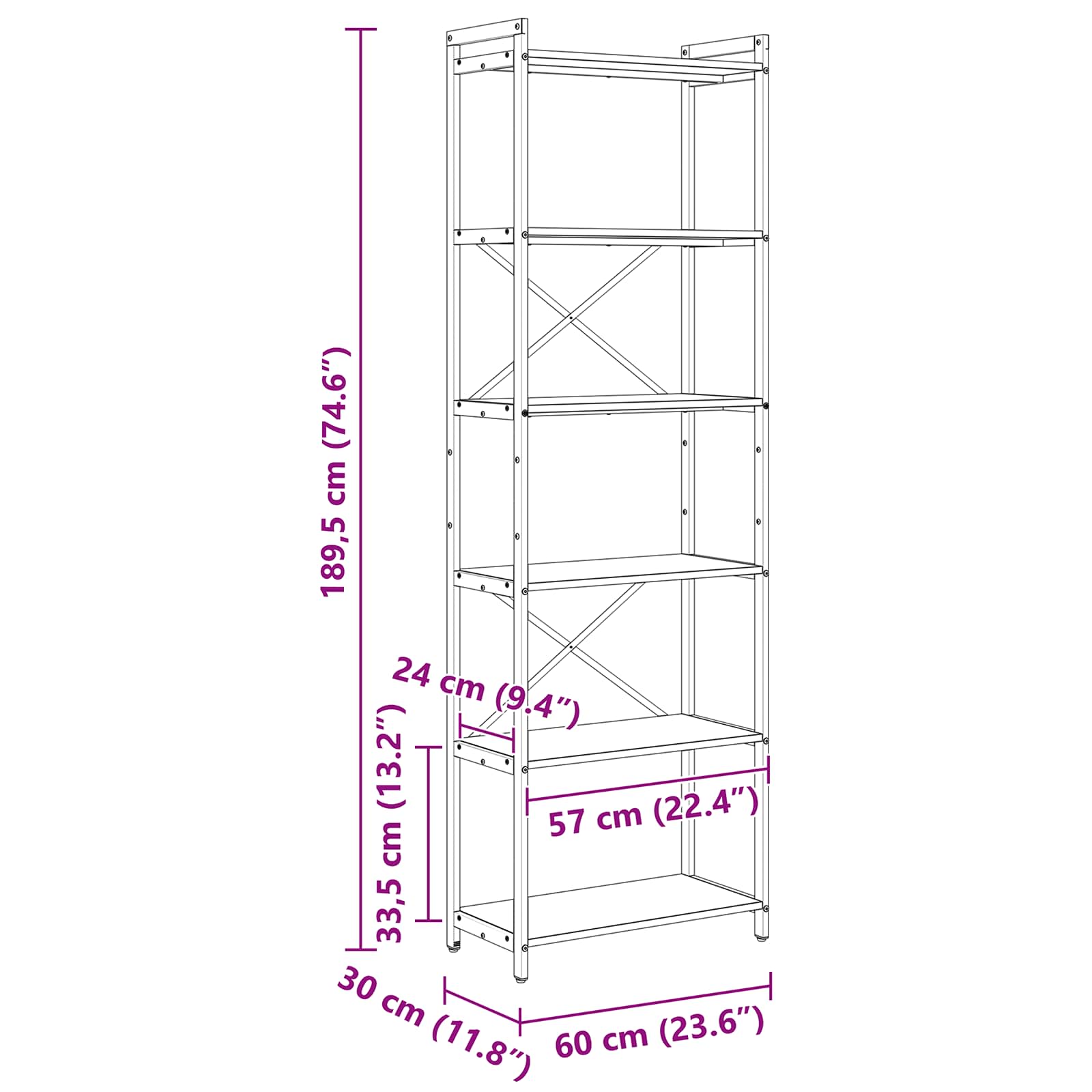 Bücherregal 60 x 30 x 189,5 cm Holzwerkstoff Grau Sonoma