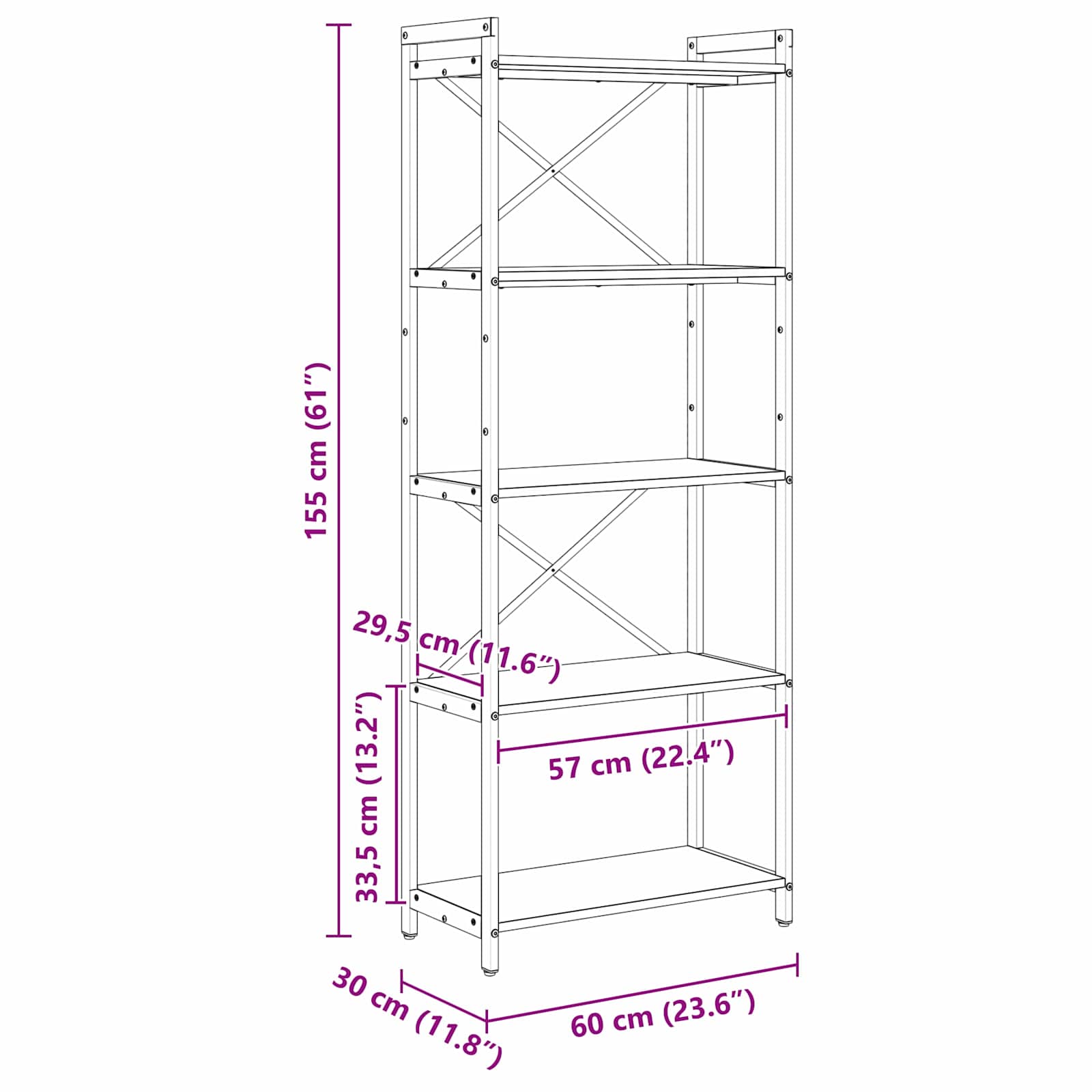 Bücherregal 60 x 30 x 155 cm Holzwerkstoff Grau Sonoma