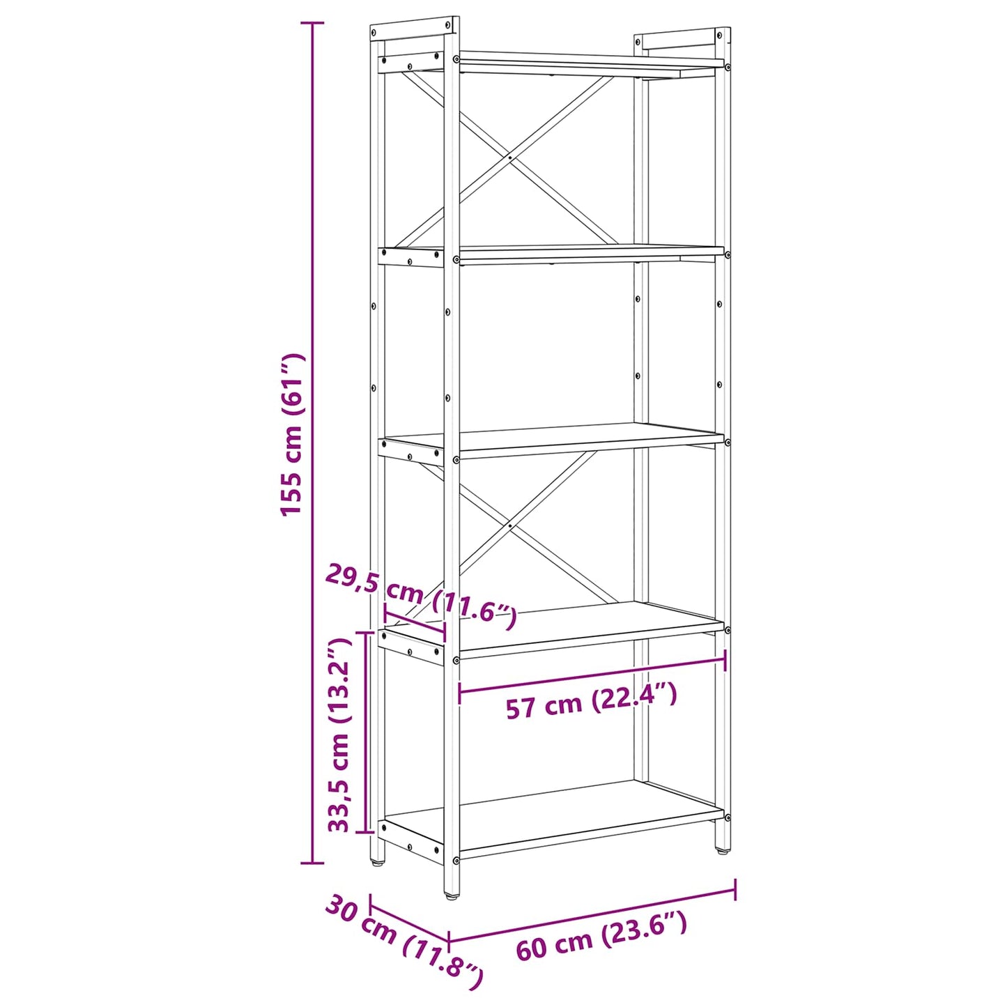 Bücherregal 60 x 30 x 155 cm Holzwerkstoff Altholz