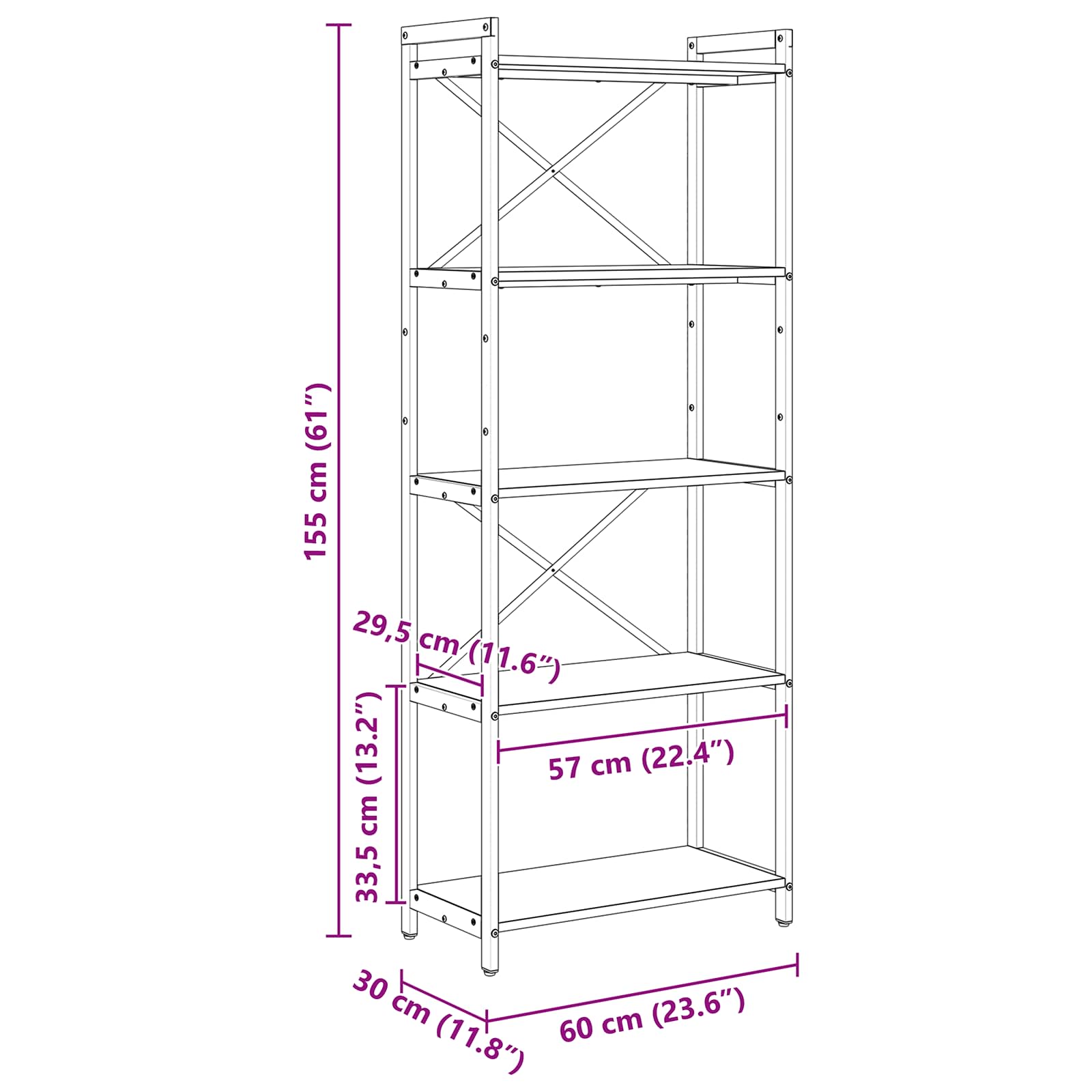Bücherregal 60 x 30 x 155 cm Holzwerkstoff Altholz