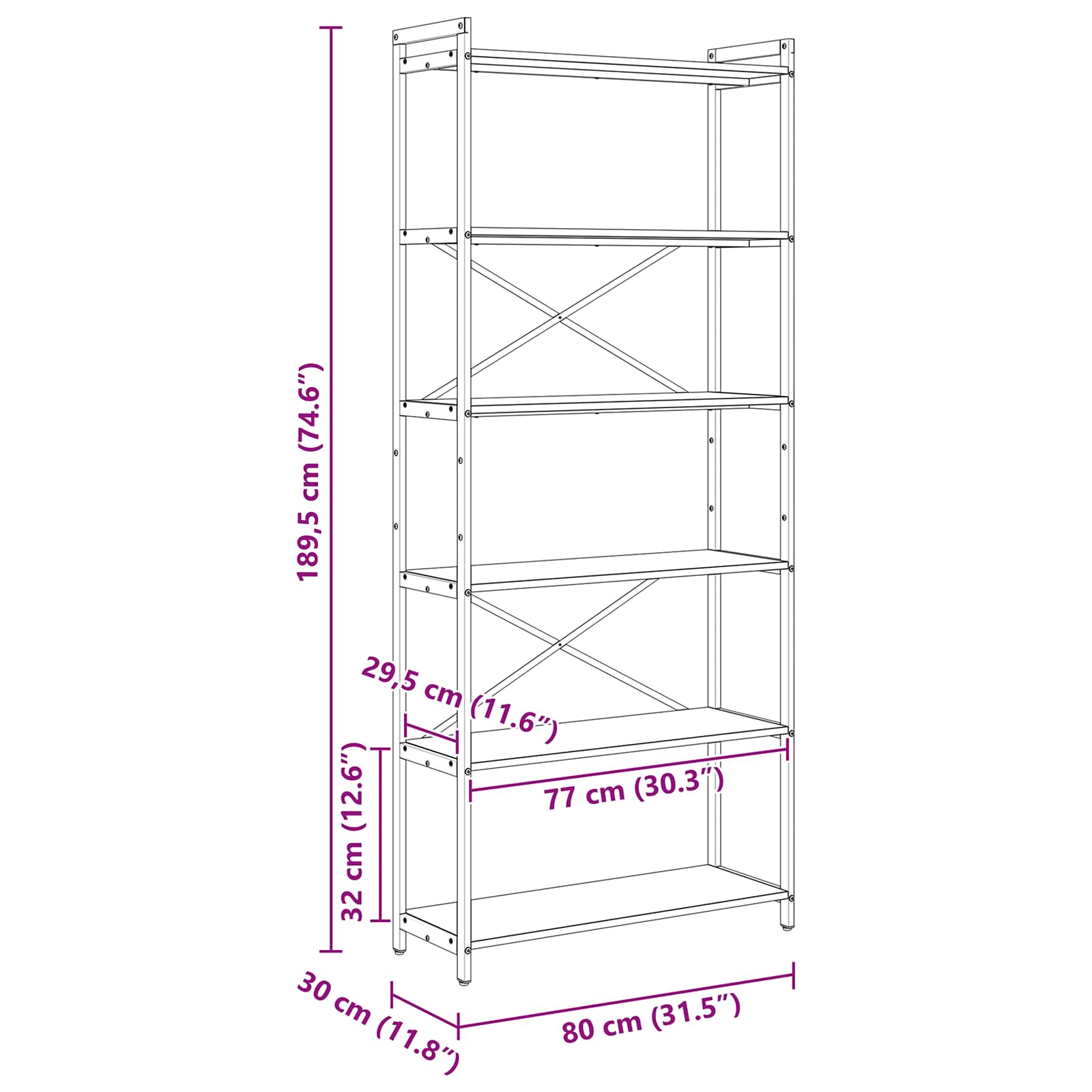 Bücherregal 80 x 30 x 189,5 cm Holzwerkstoff Grau Sonoma