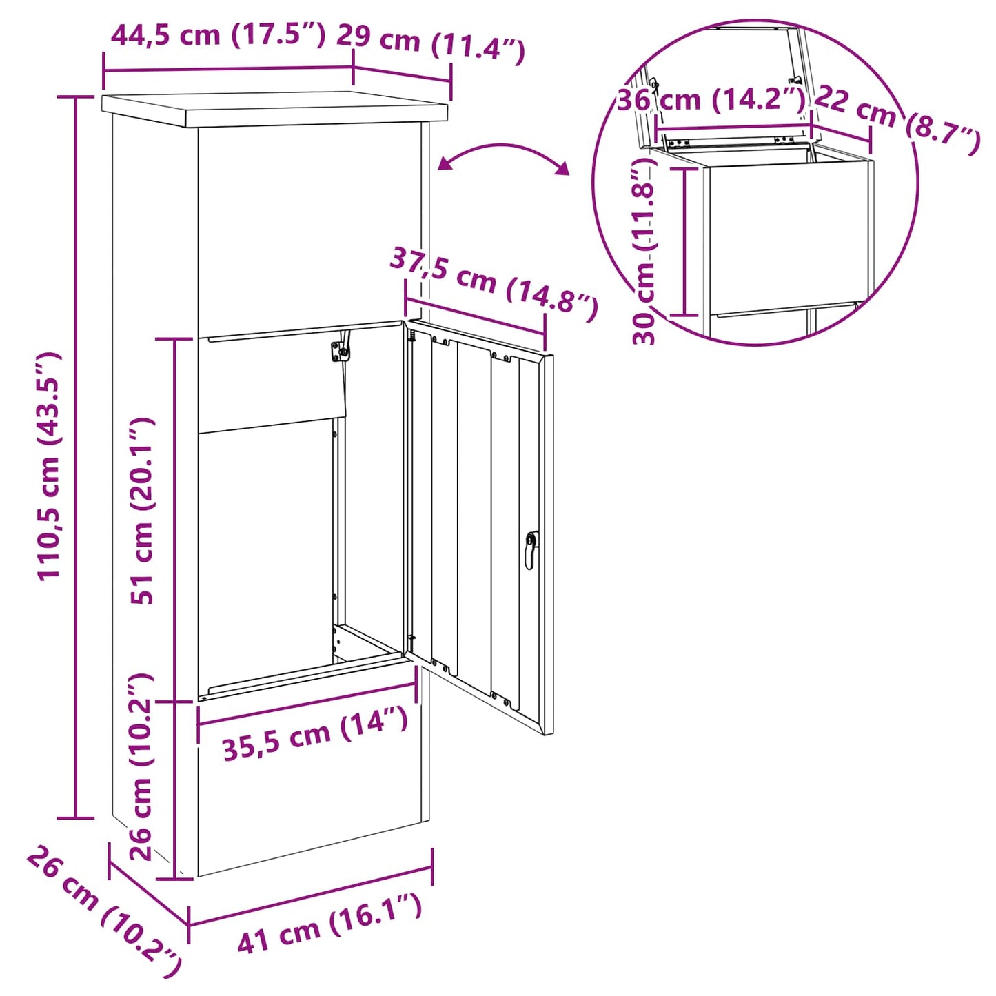 Paketdrop-Box Rostig 44,5 x 29 x 110,5 cm Wetterfeststahl