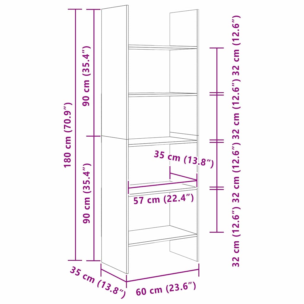 Bücherregal Artisan-Eiche 60 x 35 x 180 cm Holzwerkstoff