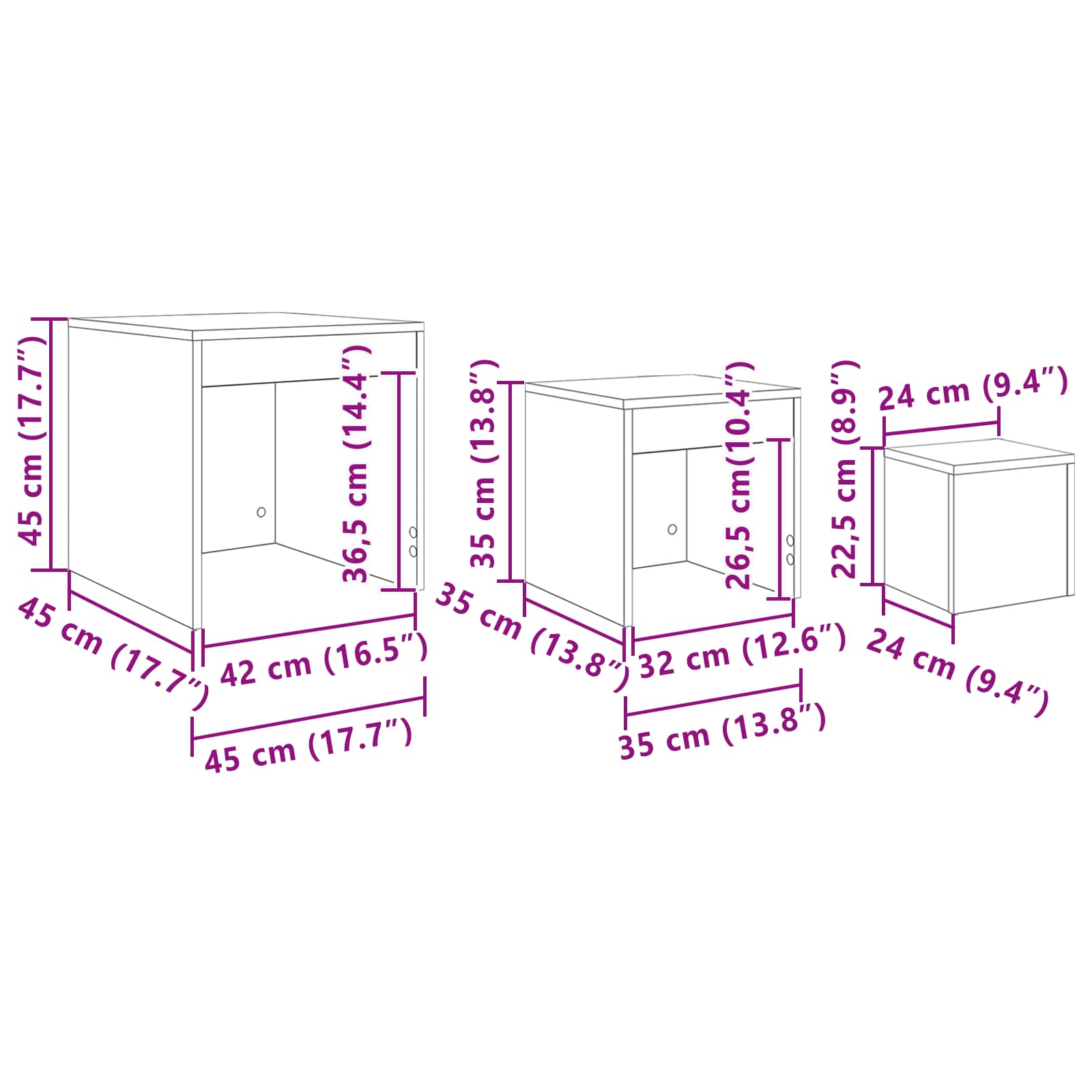 Couchtisch 3 stk. Schwarz Eichen-Optik 45 x 45 x 45 cm