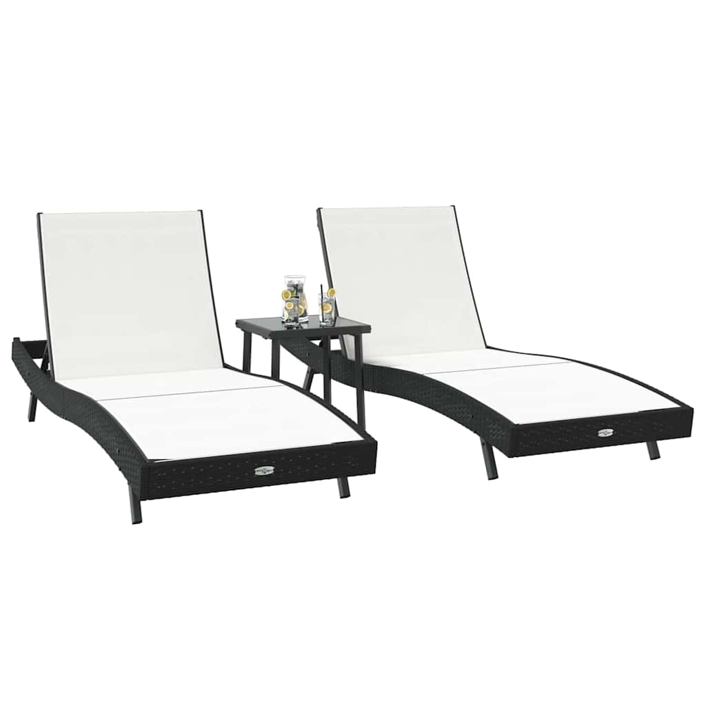 Sonnenliege 3 stk. Poly-Rattan Schwarz und Weiß