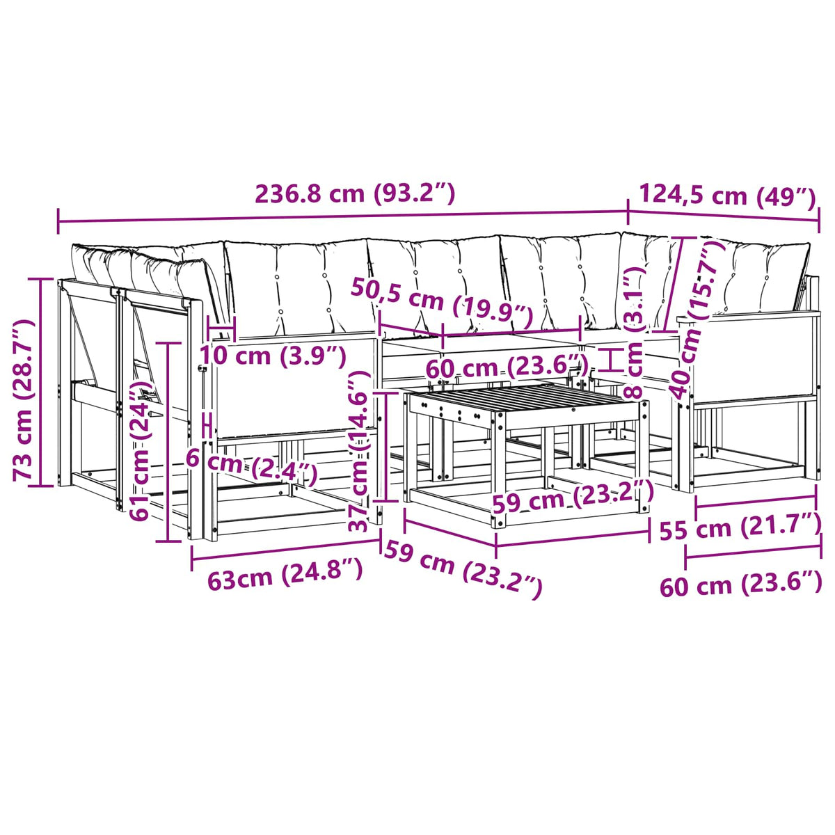 Outdoor-Sofagarnitur 7 stk. Natur und Schwarz