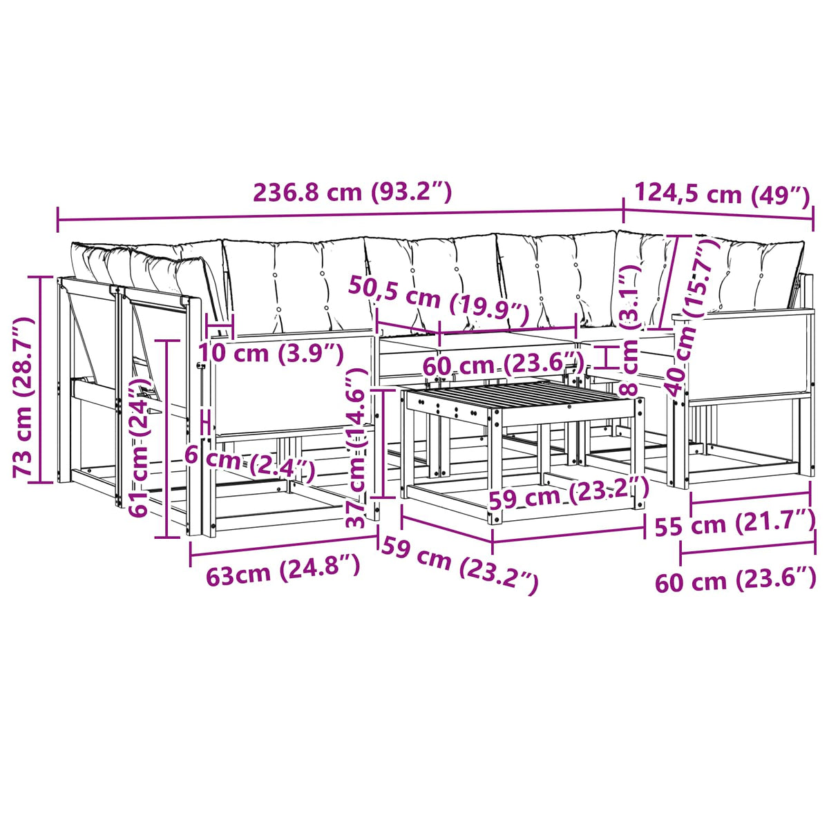 Outdoor-Sofagarnitur 7 stk. Natur und Schwarz