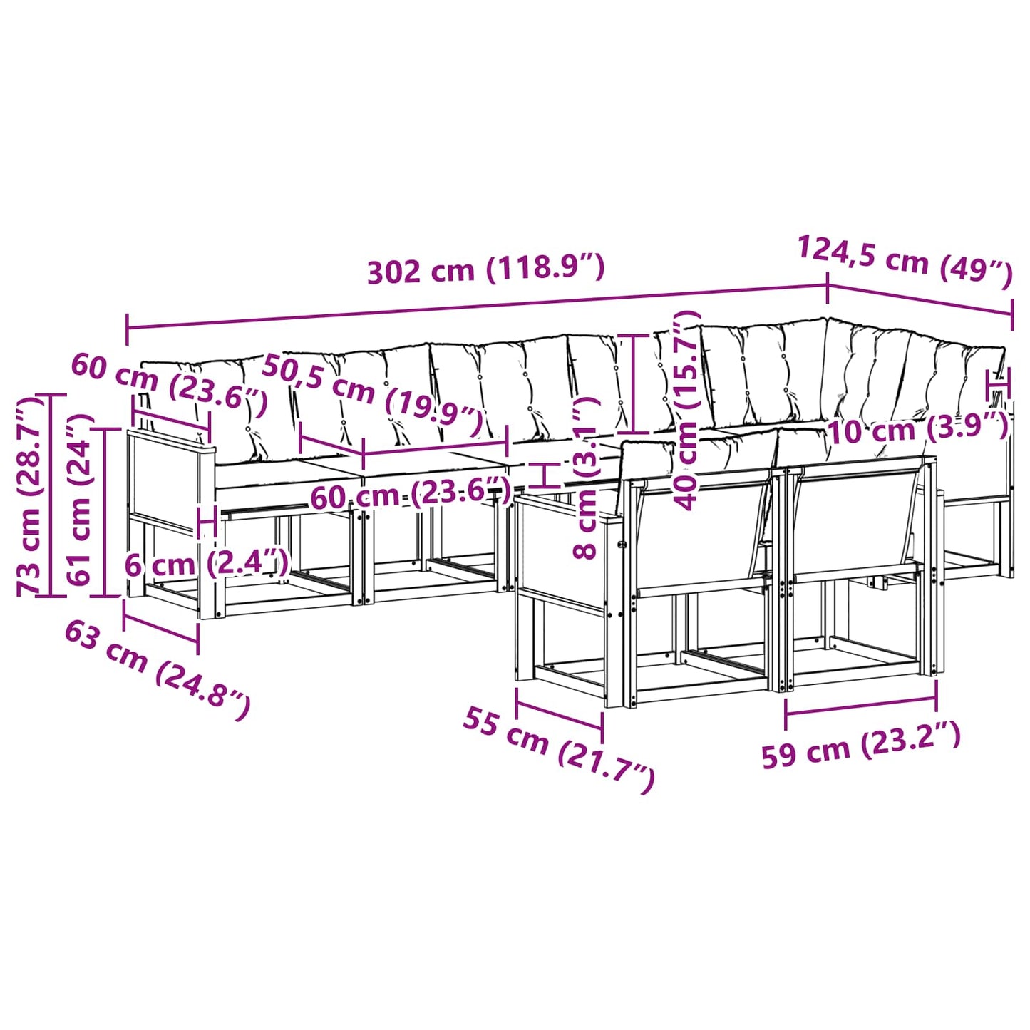Outdoor-Sofagarnitur mit Kissen 8 pcs Natürlich und Schwarz