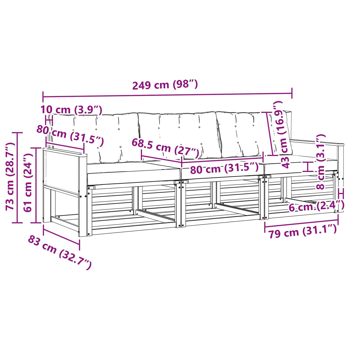 Outdoor-Sofagarnitur 3 stk. Natur und Schwarz