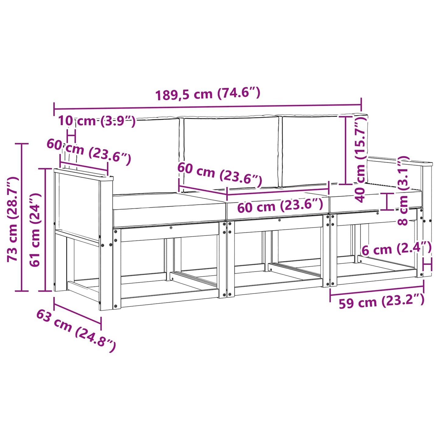 Outdoor-Sofagarnitur mit Kissen 3 pcs Natur und Creme