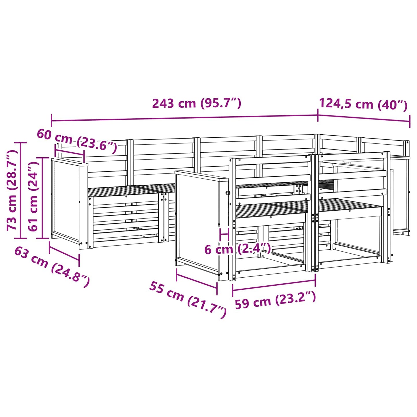 Ecksofa Set 6 pcs Natur Massivholz Akazie