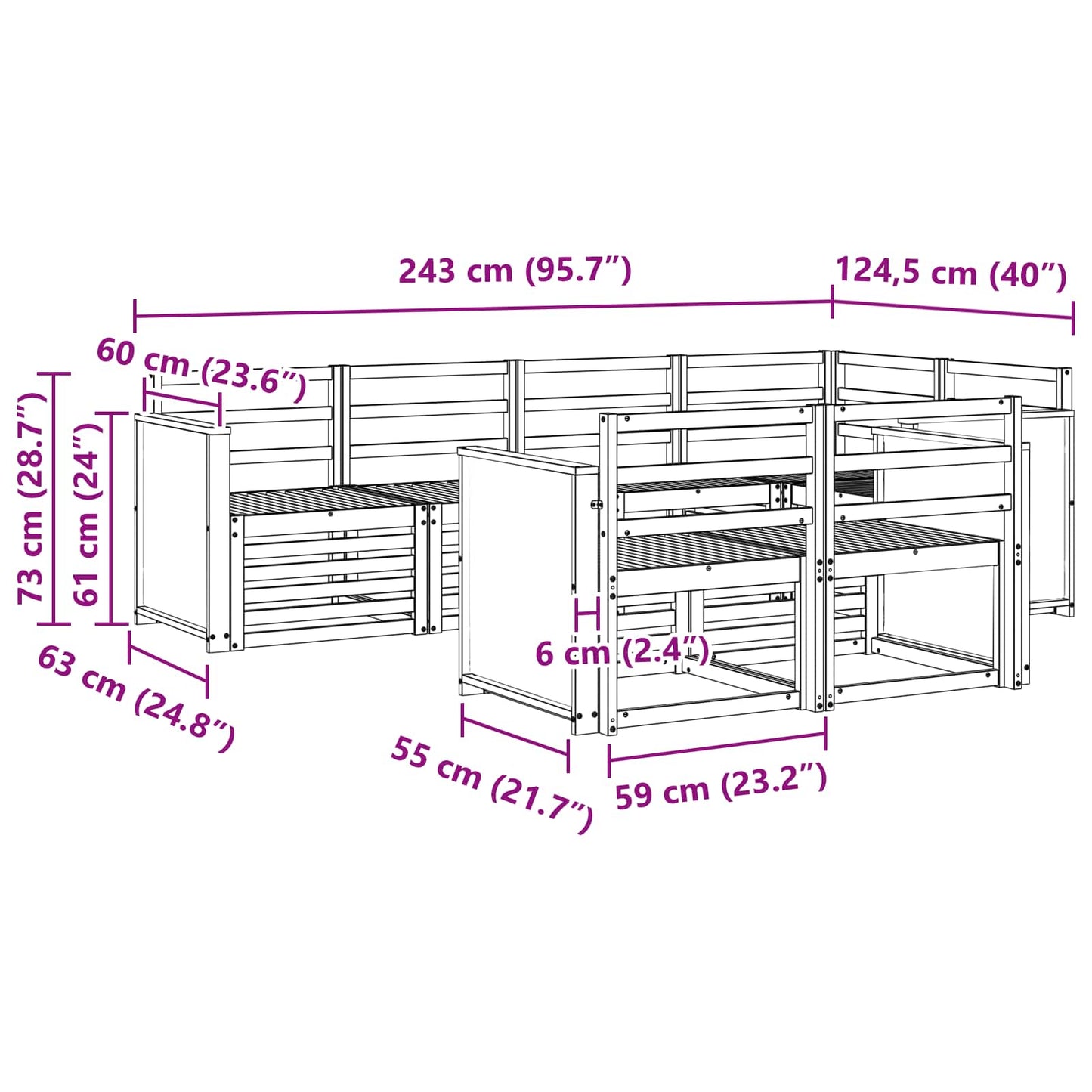 Ecksofa Set 6 pcs Natur Massivholz Akazie