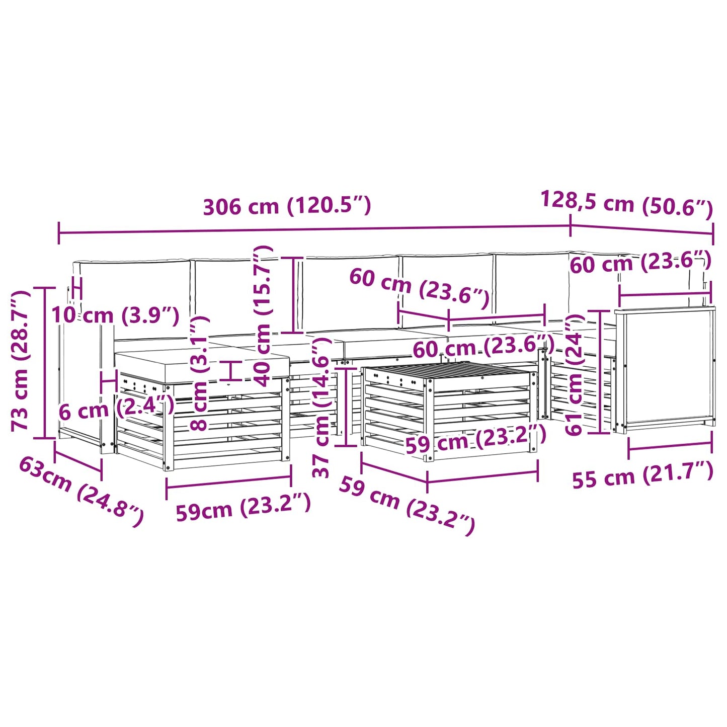 Outdoor-Sofagarnitur 7 stk. Natürlich und Hellgrau
