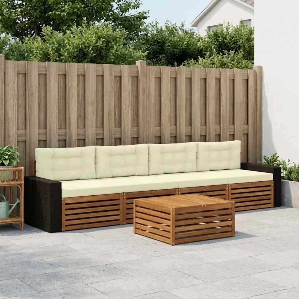 Outdoor-Sofagarnitur 5 stk. Natur und Creme Massivholz Akazie