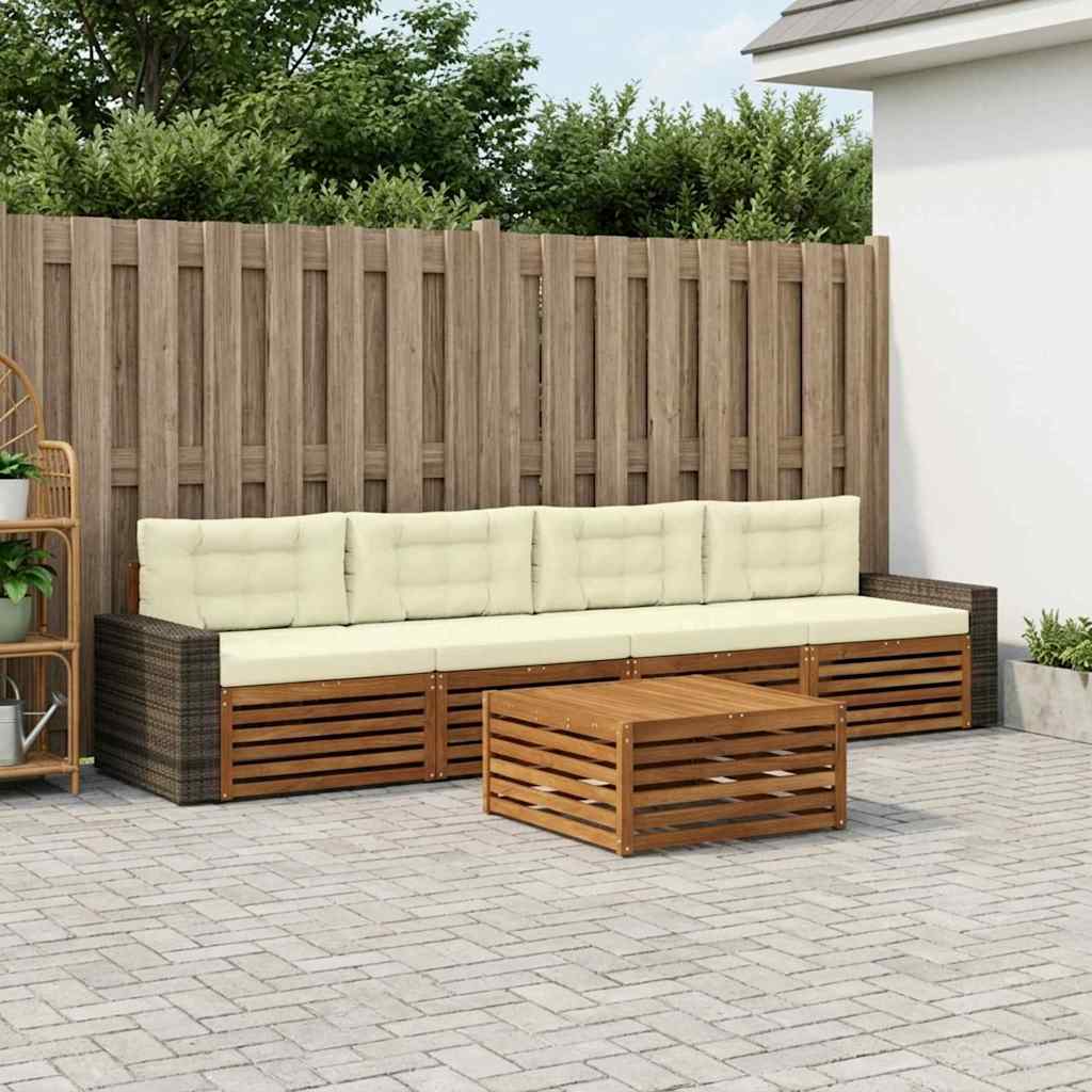 Outdoor-Sofagarnitur 5 stk. Natur und Creme Massivholz Akazie