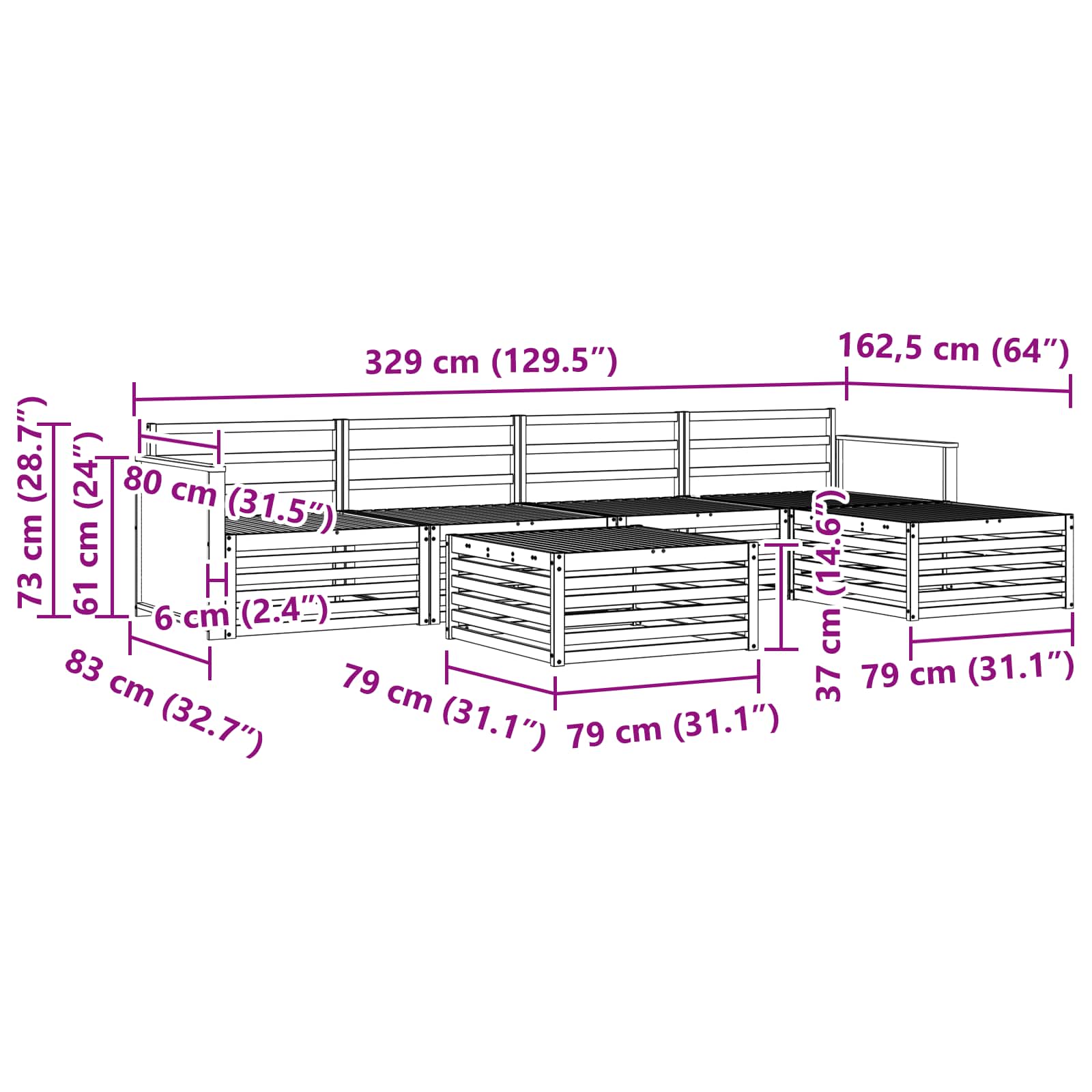 Outdoor-Sofagarnitur 6 pcs Natur 79 x 79 x 37 cm