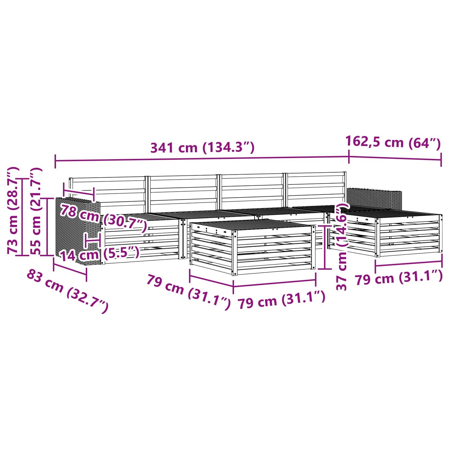 Outdoor-Sofagarnitur 6 pcs Natur 79 x 79 x 37 cm